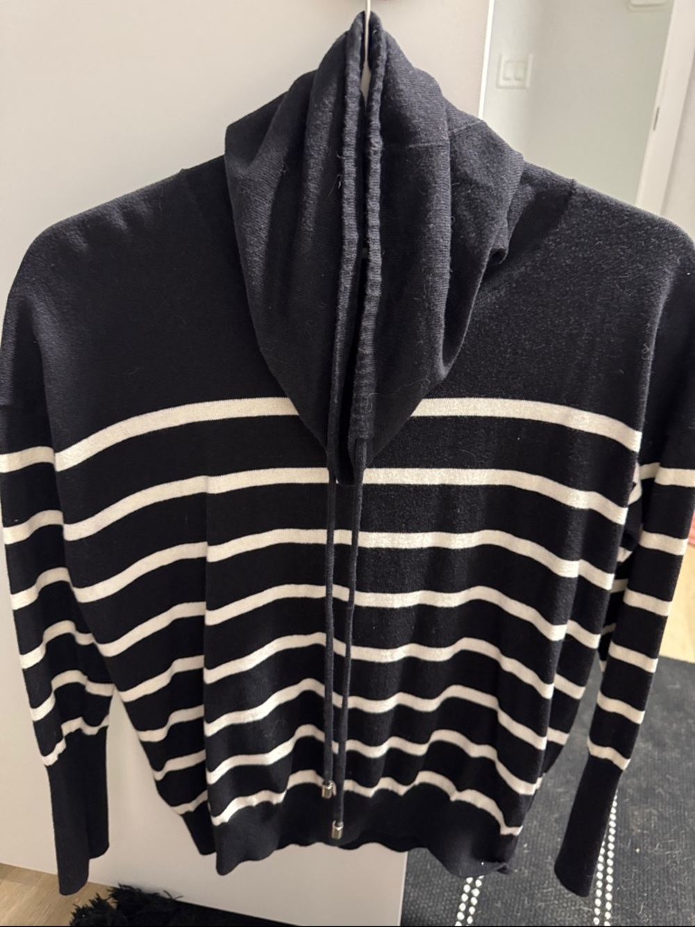 Max Studio Black and White Striped Zip-Up Hooded Sweater
